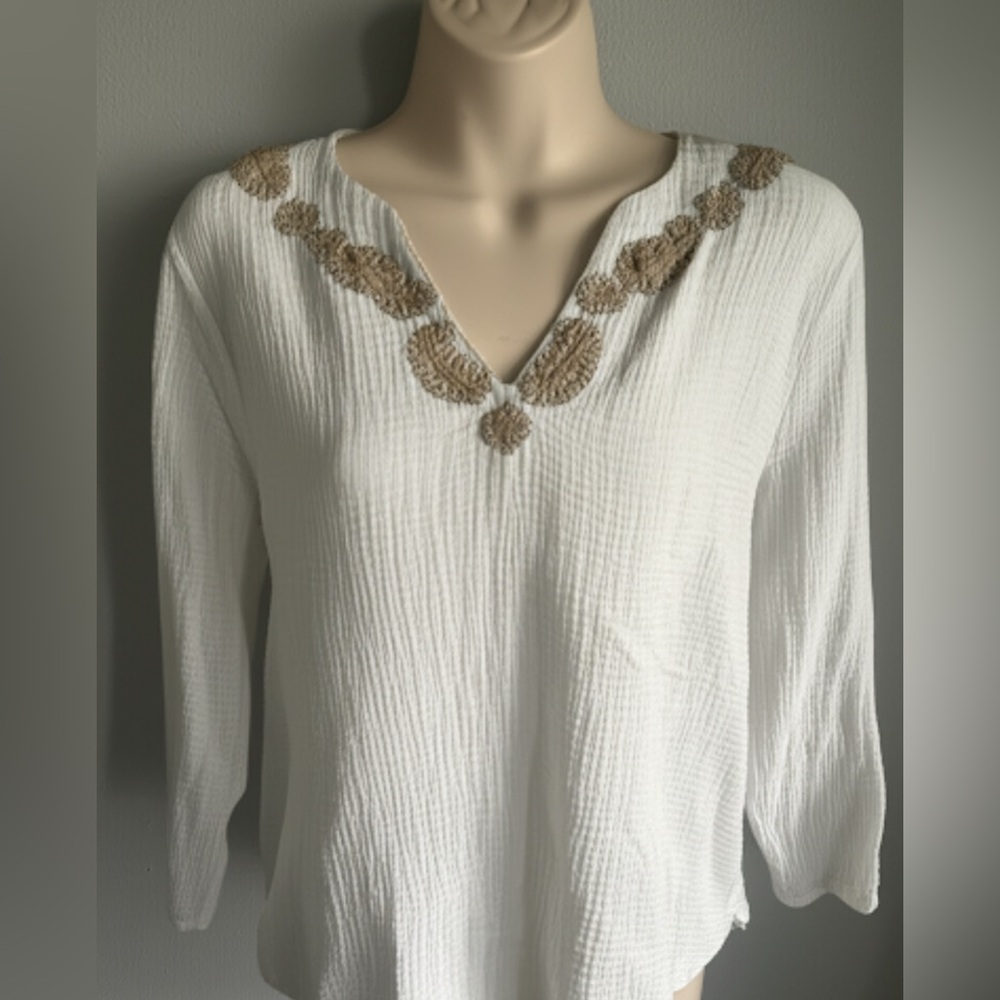 Ruby Rd. Cream Embellished Blouse with Three-Quarter Sleeves